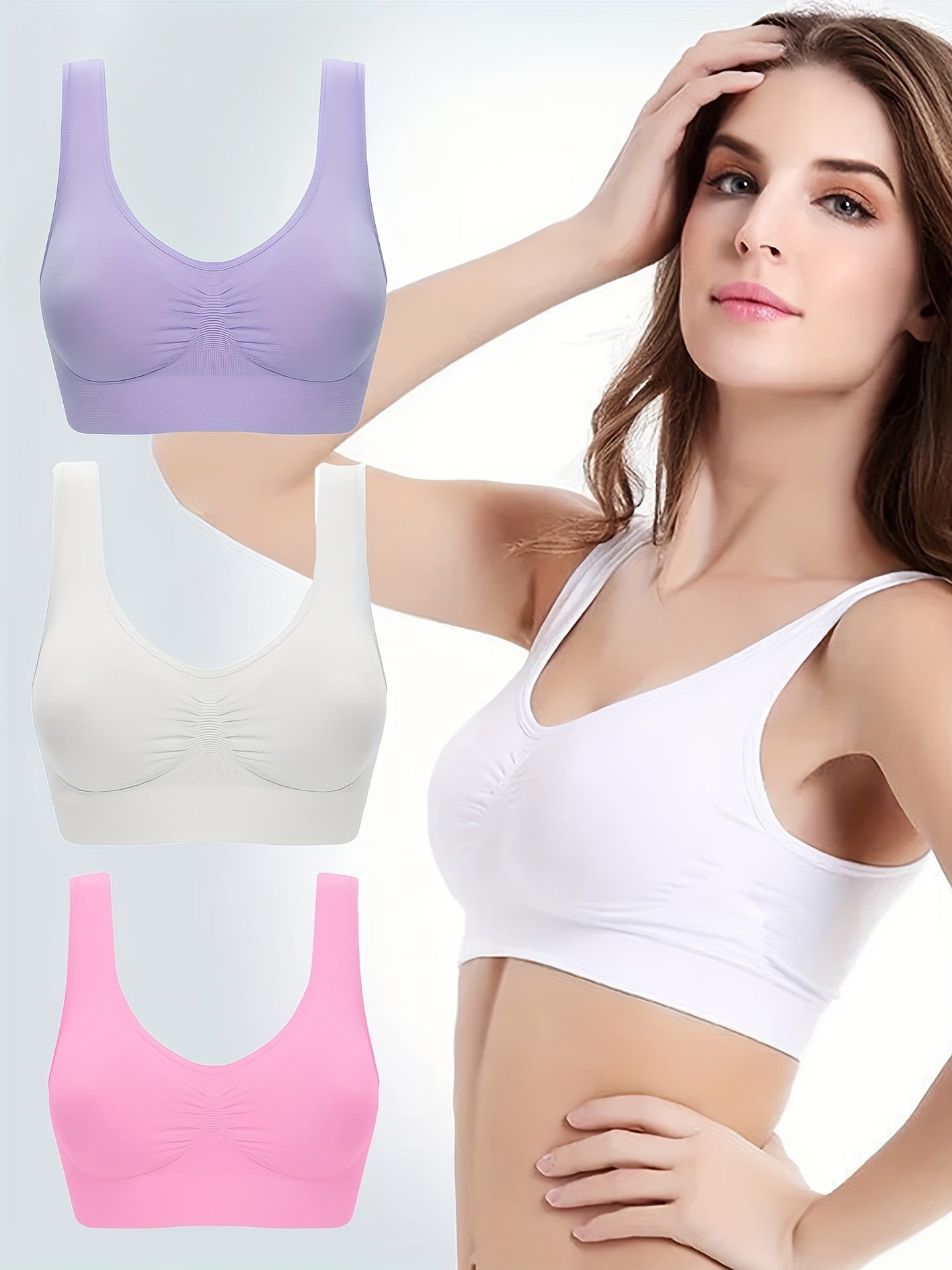 3pcs Wireless Sports Bras, Comfy & Breathable Running Workout Tank Bra, Women's Lingerie & Underwear