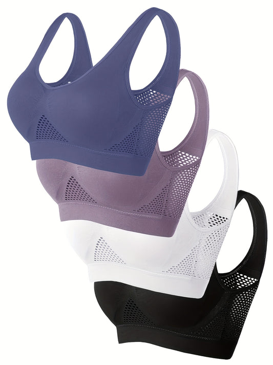 Wireless, Breathable 4pcs Women's Sports Bras - Padded, Mesh with Racerback Design for Yoga, Fitness, Running - Pink, White, Purple, Black, Workout Accessories