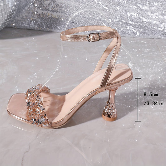 Women'S Electroplated High Heel Square Toe Shoes with Sequins and Ankle Strap - Fashionable Metallic Champagne Colored Stiletto Pumps for Spring, Summer, and Autumn, Allseason Shoes|Square Toe Shoes|Decorative Heels
