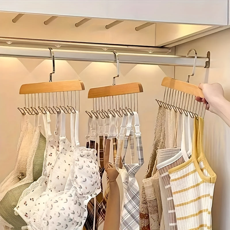 3-Pack Wood Bra Hanger with 8 Hooks - Space-Saving Closet Organizer for 24 Bras, Tank Tops, Camisoles, Swimsuits, and Strappy Dresses - 360° Rotating, Easy Storage, and Perfect for Dorm and Apartment