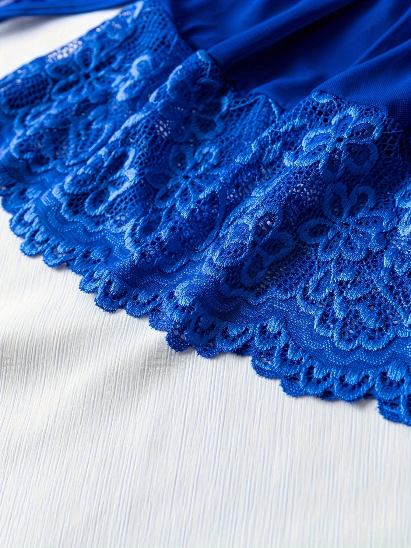 Elegant Royal Blue Lace Babydoll V-Neck Backless Chemise with Thong Set for Women, Polyester Sleepwear with Contrast Lace Detail, Light Support Knit Fabric Lingerie Ensemble