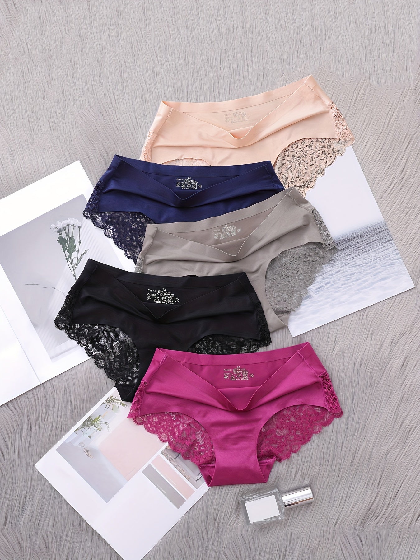 5pcs Comfy Chic Seamless Briefs - Semi-Sheer, Scallop Trim, Soft Stretch Fabric, Breathable, Moisture-Wicking, Everyday Wear - Women's Lingerie & Underwear Essentials