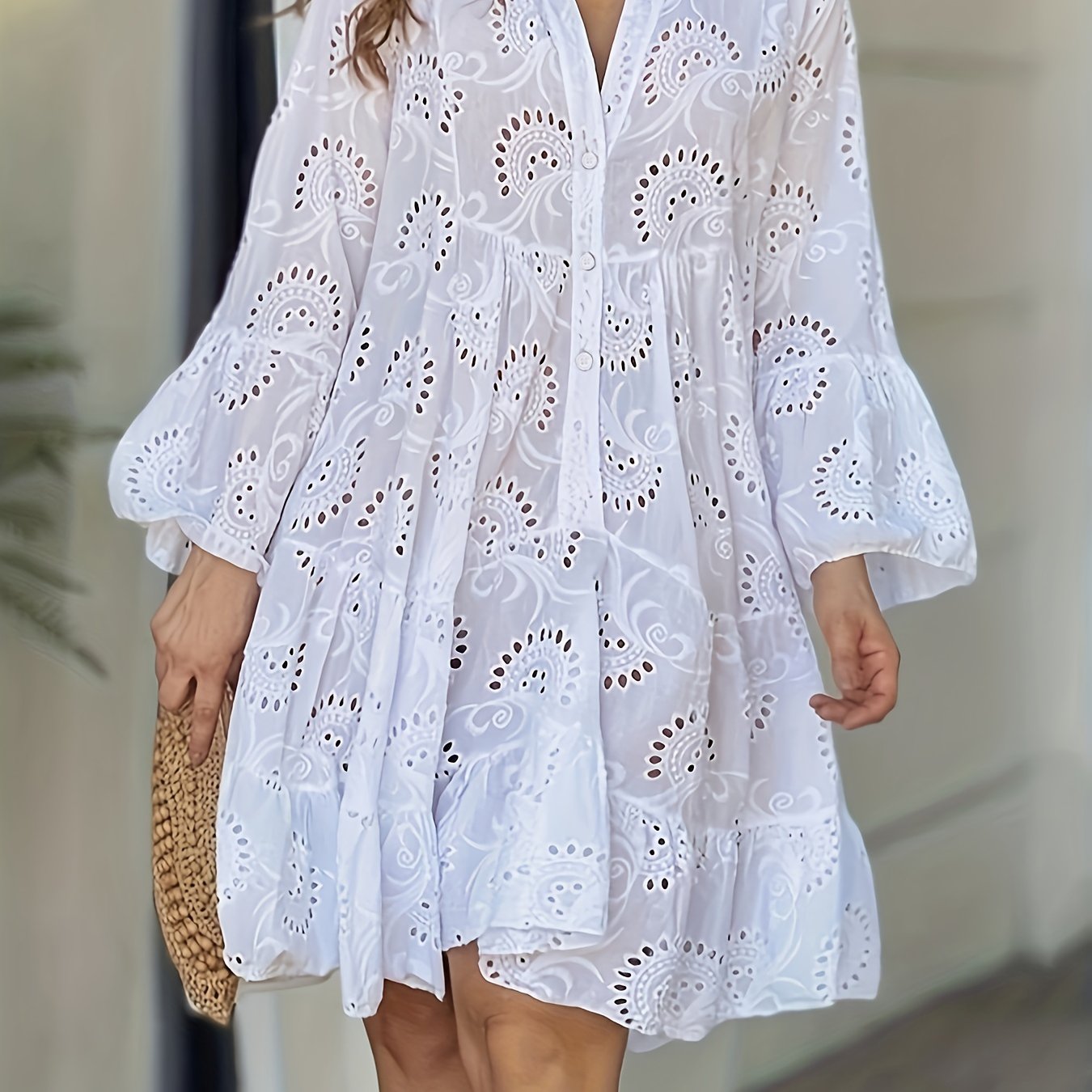 Elegant Green V-Neck Shift Dress with Embroidered Bell Sleeves - Lightweight, Loose Fit, Knee-Length with Button Closure and Eyelet Details, Perfect for All Seasons