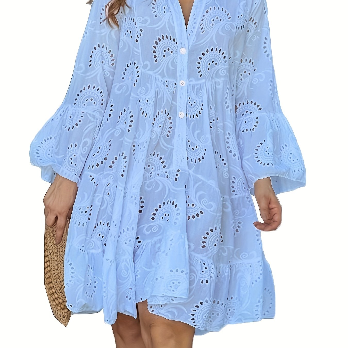 Elegant Green V-Neck Shift Dress with Embroidered Bell Sleeves - Lightweight, Loose Fit, Knee-Length with Button Closure and Eyelet Details, Perfect for All Seasons