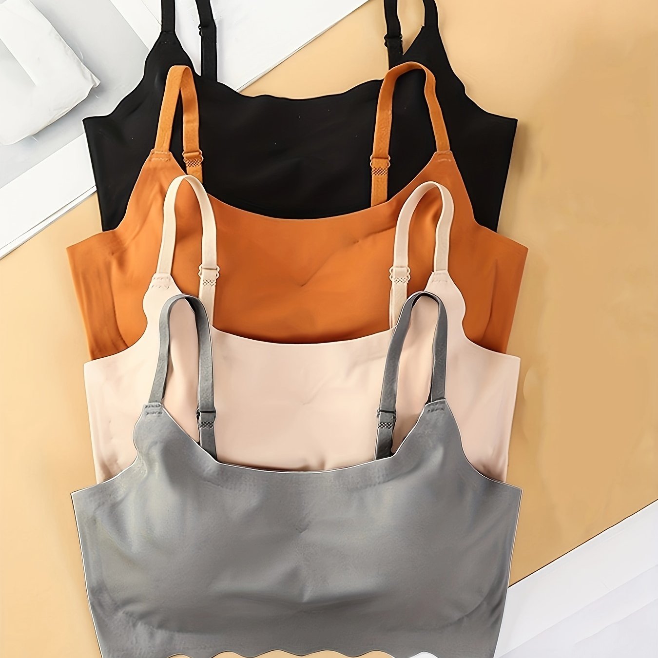 4pcs Seamless Solid Comfortable Bralettes, Adjustable Straps Wireless Intimates Bra for Women's Lingerie & Underwear