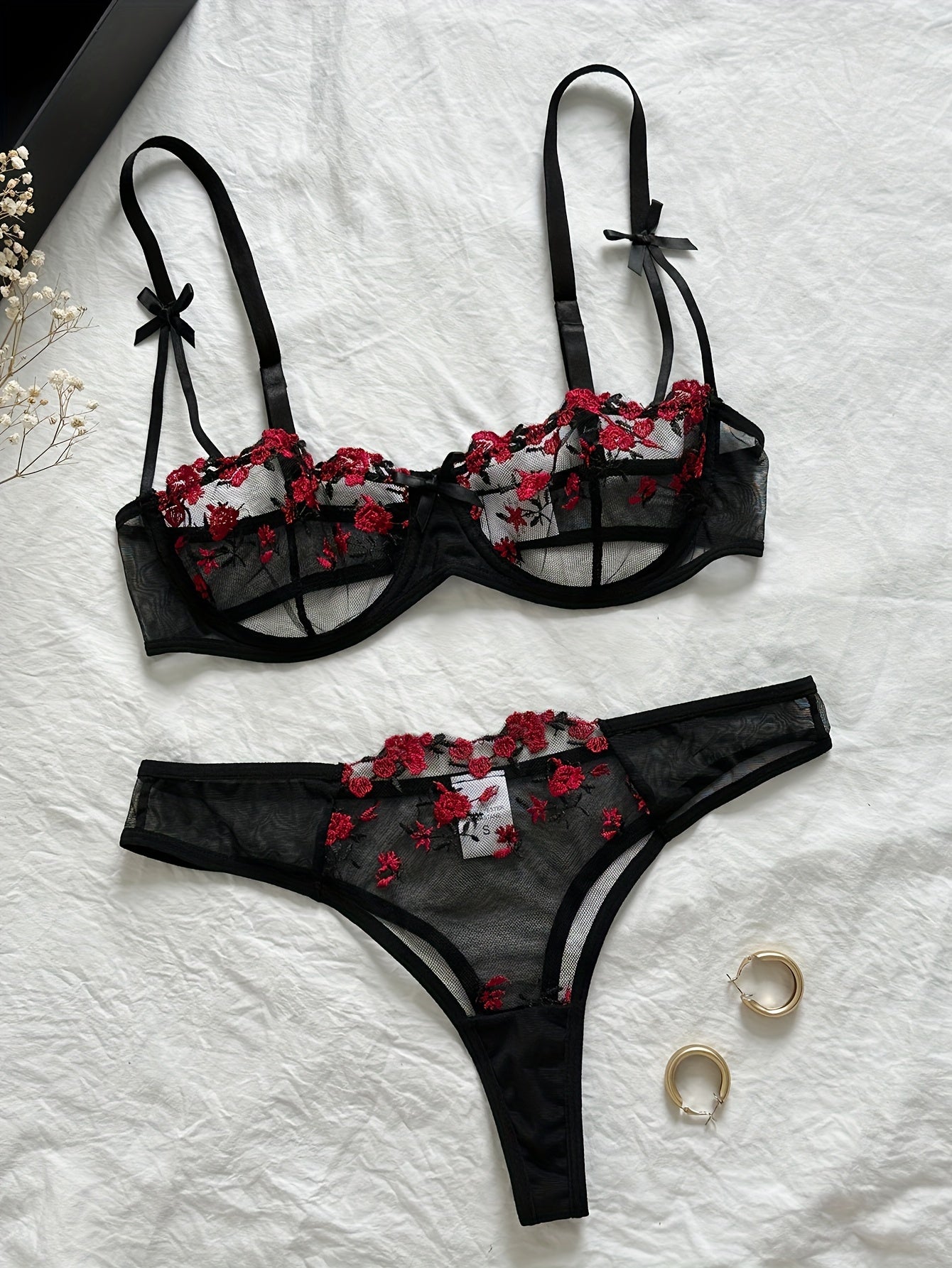 Sexy Floral Embroidery Lingerie Set - Women's Mesh Unlined Bra and Panty, Delicate Underwear for Romantic Nights - Soft, Breathable, and Comfortable