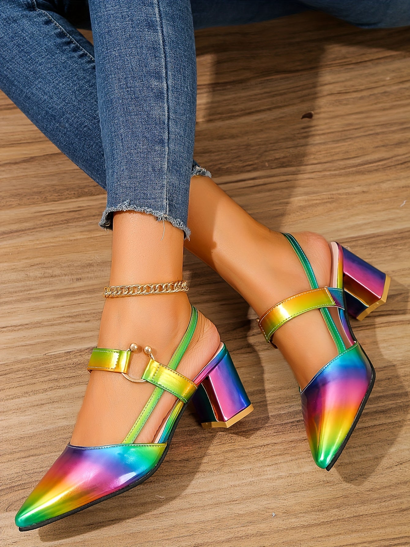 Women's Pointed Toe Block High Heel Sandals, Fashion Solid Color Slingback Shoes, Versatile Mid Heels