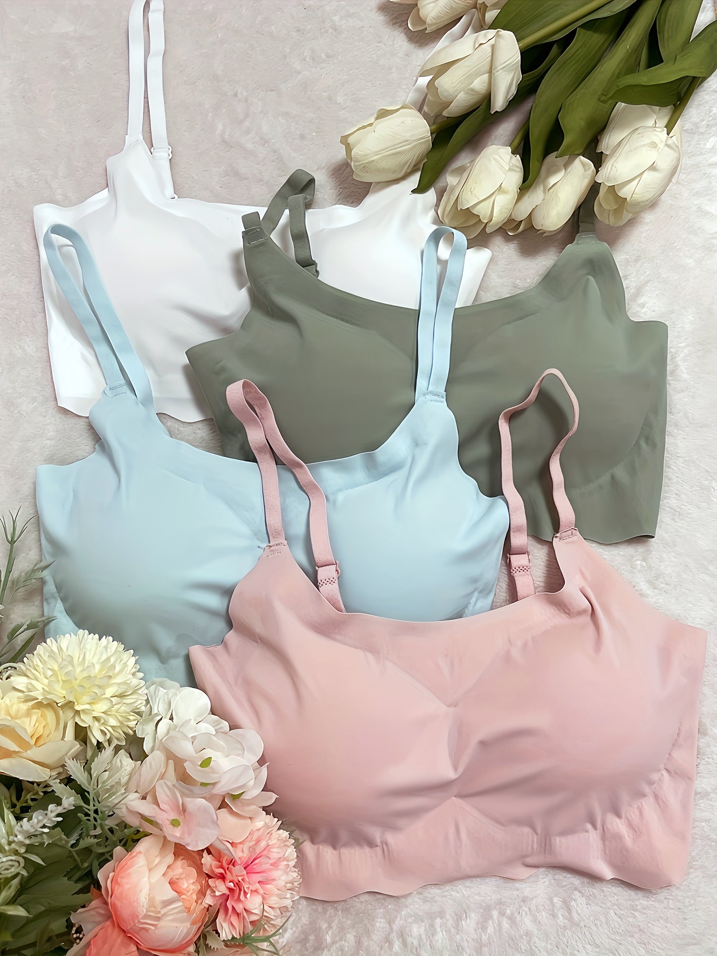 4pcs Seamless Solid Comfortable Bralettes, Adjustable Straps Wireless Intimates Bra for Women's Lingerie & Underwear