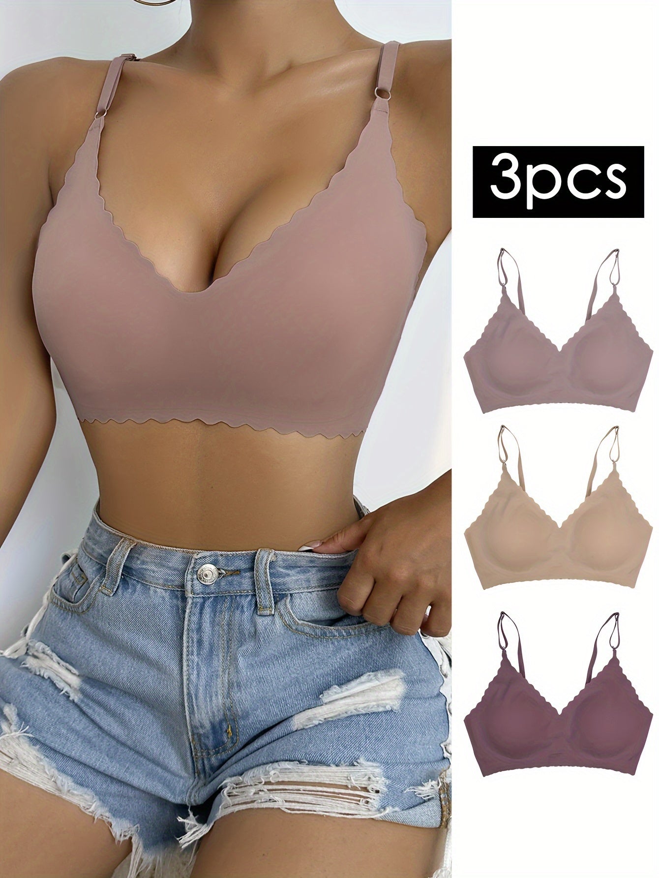 3pcs Wavy Trim Seamless Bralettes, Comfortable & Breathable Wireless Intimates Bras, Women's Lingerie & Underwear