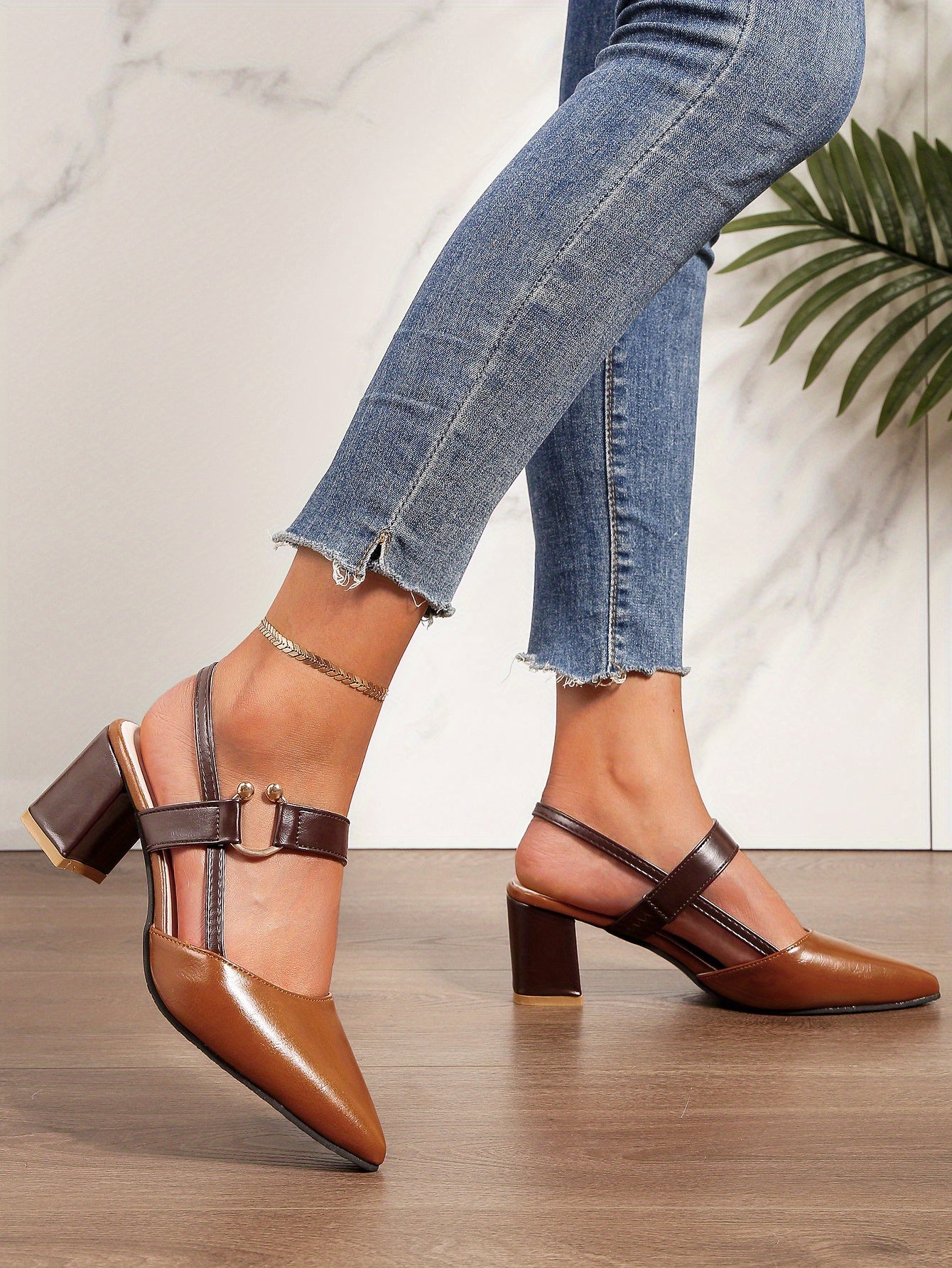 Women's Pointed Toe Block High Heel Sandals, Fashion Solid Color Slingback Shoes, Versatile Mid Heels