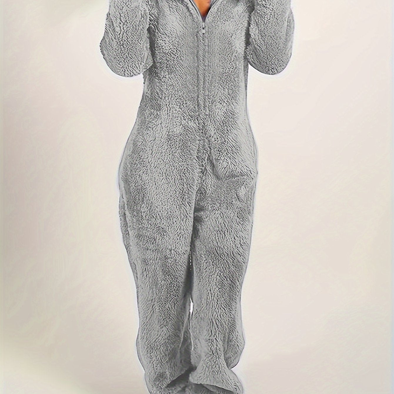 Fuzzy Hooded Pajama Jumpsuit For Music Festival, Comfy & Cute Long Sleeve Zipper Pajamas, Women's Lingerie & Sleepwear