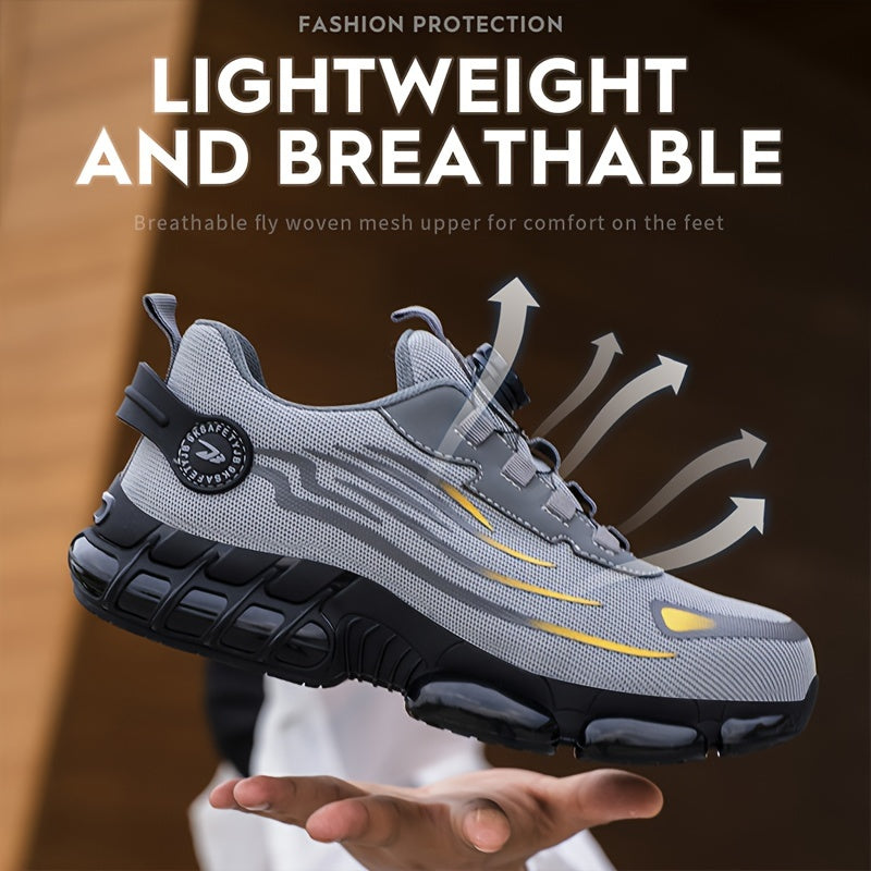 Men's Steel Toe Puncture-Proof Work Safety Sneakers with Rotating Button Closure - Breathable Mesh & Fabric Lining, Non-Slip Rubber Sole - Lightweight Summer Industrial Shoes for Warehouse, Construction, Factory, Steel Toe Sh