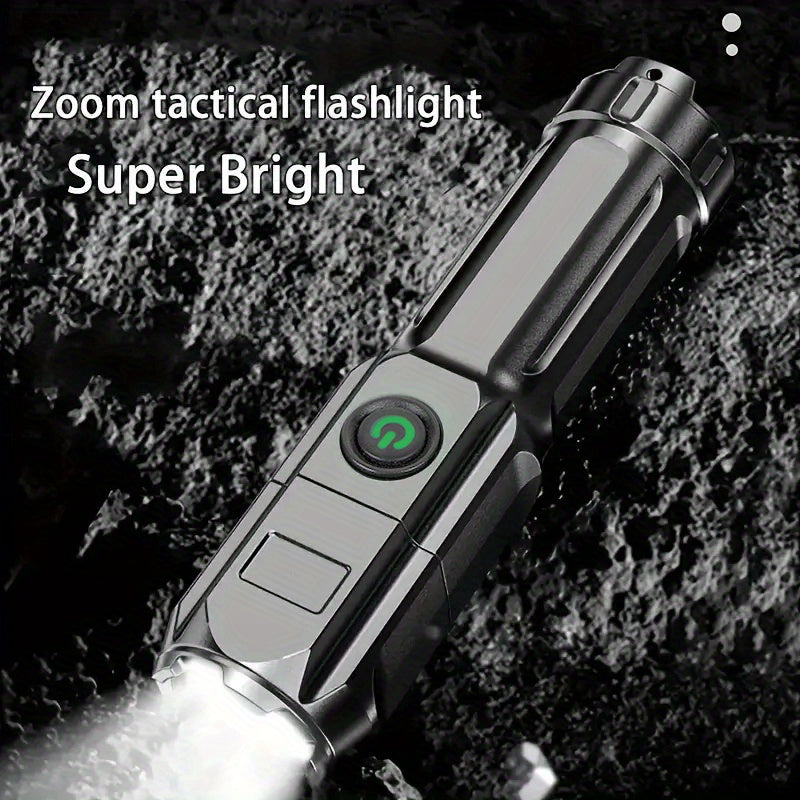 1pc Tactical Zoomable Flashlight - Rechargeable 800mAh Battery, Portable Multi-Functional Outdoor Light with Textured Grip & Dual Power Source (Battery/USB) for Home, Camping, and Emergency Use, Rechargeable Flashlight