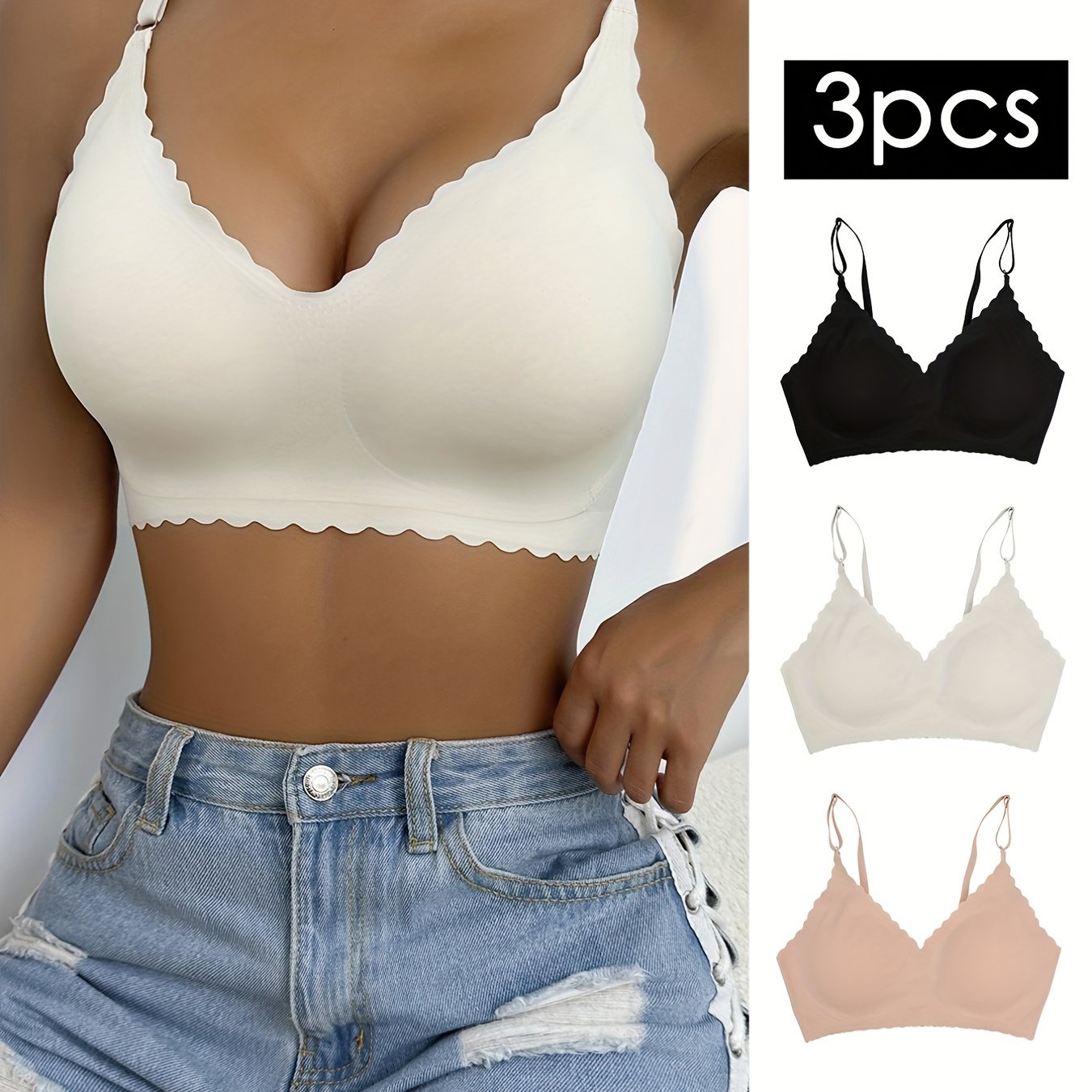 3pcs Wavy Trim Seamless Bralettes, Comfortable & Breathable Wireless Intimates Bras, Women's Lingerie & Underwear