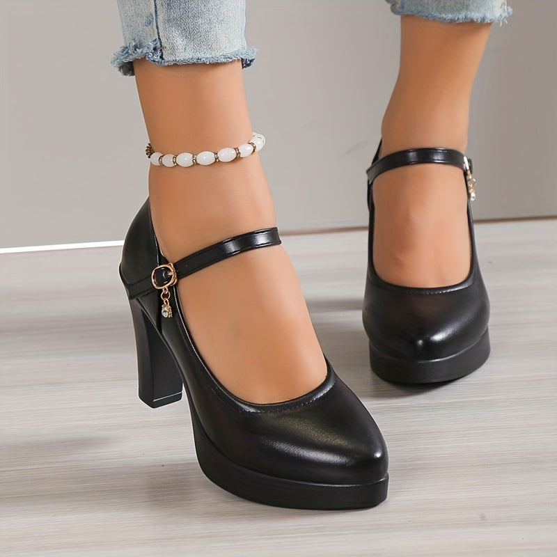 Women's Chunky High Heels, Faux Leather Pointed Toe Ankle Strap Mary Jane Heels, All-Match Dress Shoes