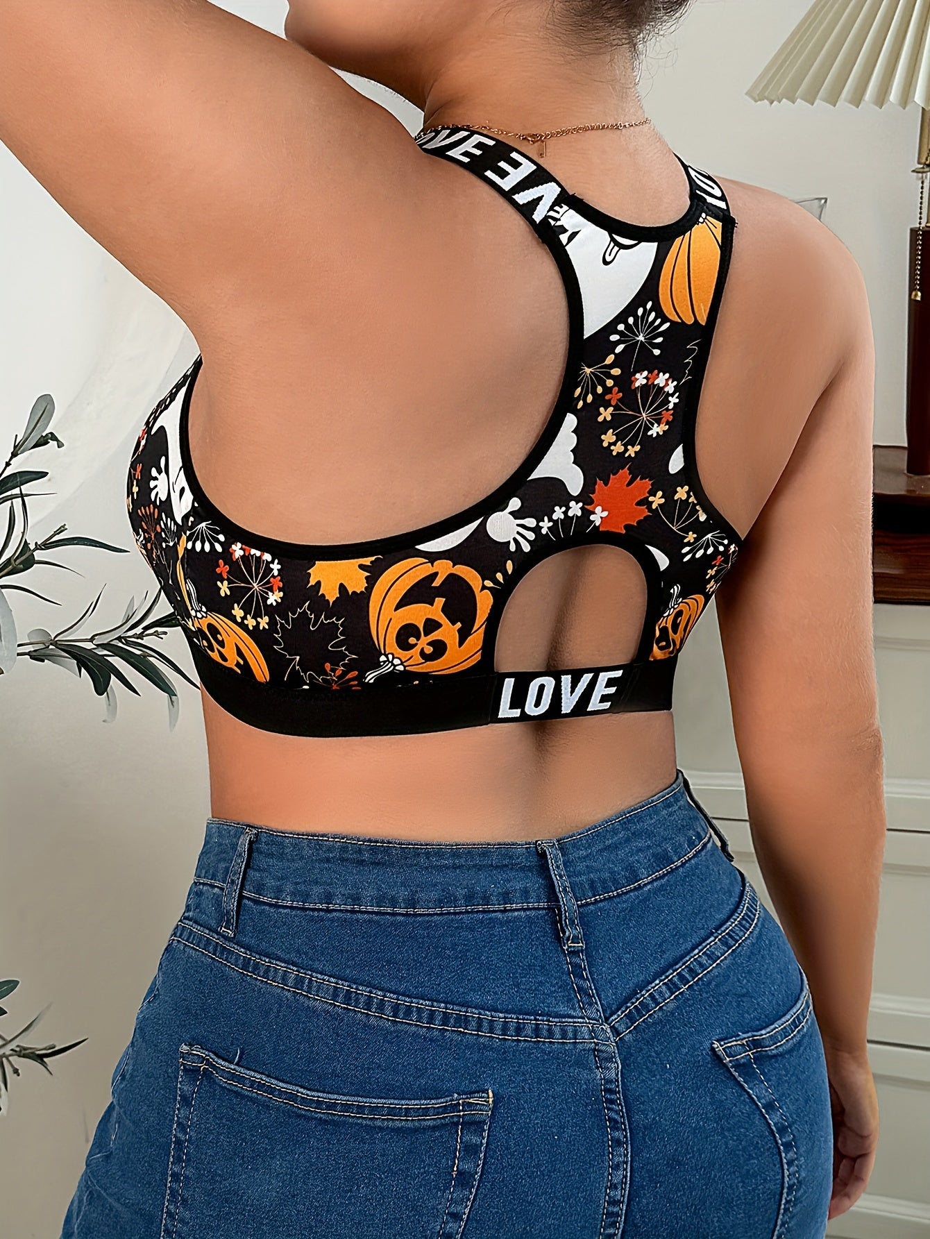 Plus Size Ghost & Pumpkin Print Racer Back Bralette - Women's Halloween Sports Bra - Comfortable, Breathable, Wire-Free, Letter Tape Design, Plus Size Bras & Bralettes for Curvy Women