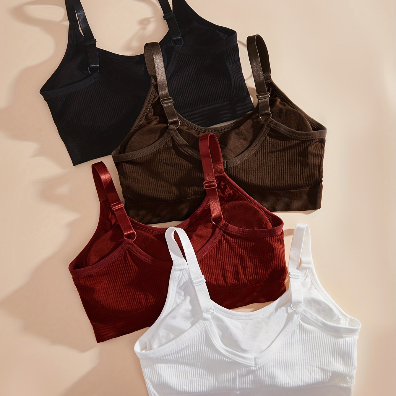4pcs Solid Ribbed Comfy Sports Bras, Breathable Running Workout Bra for Women