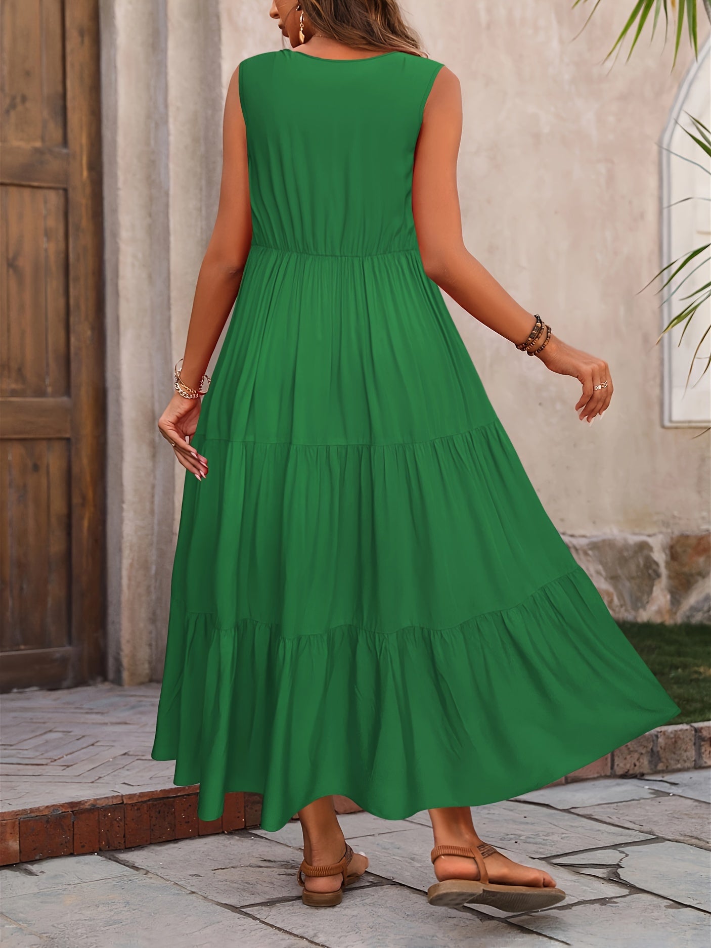 Loose V Neck Ruffle Hem Dress, Casual Sleeveless Dress For Spring & Summer, Women's Clothing