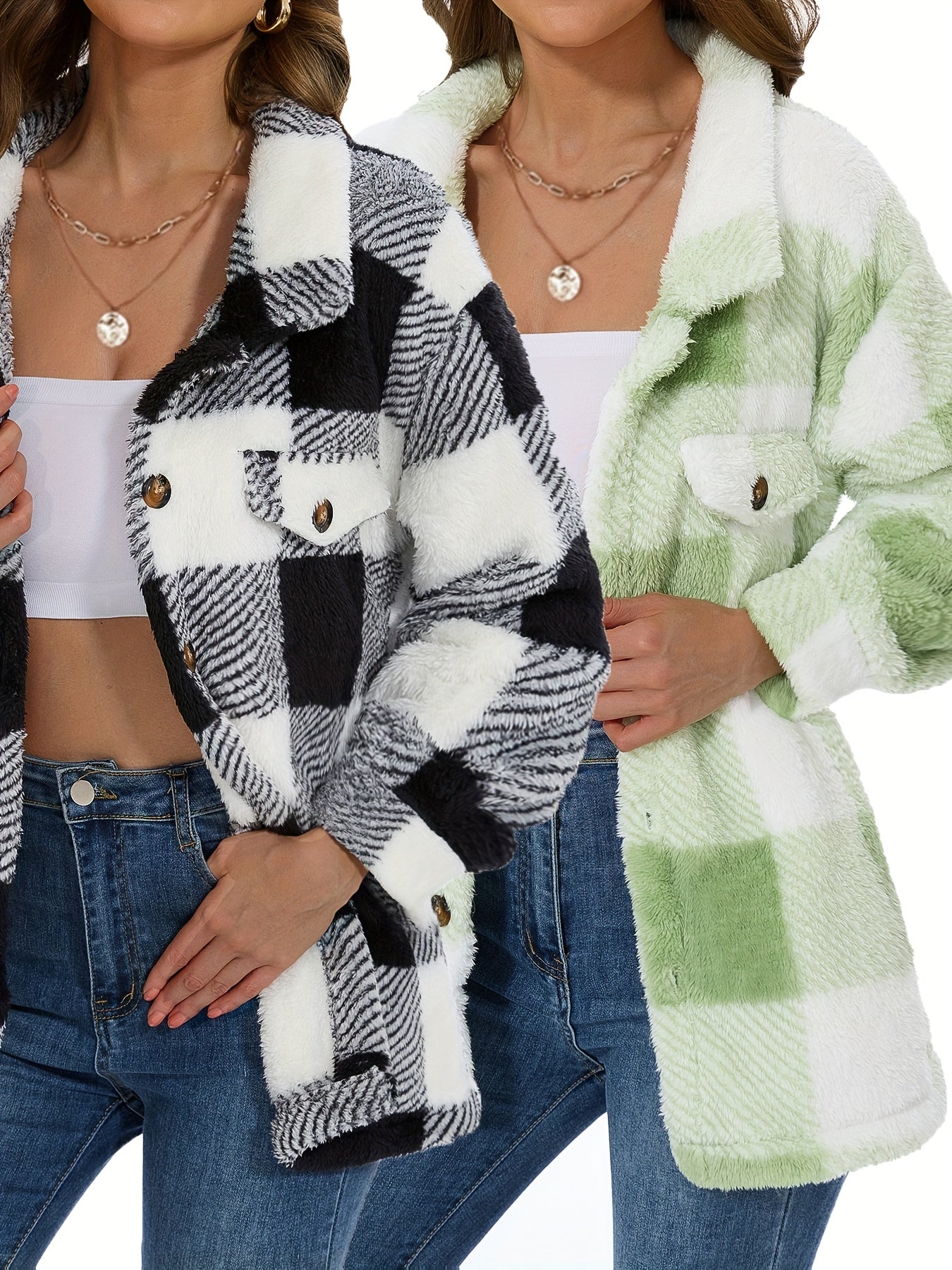 Plaid Pattern Button Front Teddy Coat, Versatile Long Sleeve Winter Thermal Outwear, Women'S Clothing