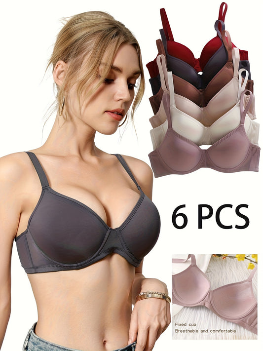 [Ultra-Soft Push-Up Bras] 6pcs Ultra-Soft Seamless Push-Up Bras - Full Coverage, Non-Padded, Comfortable Casual Attire - Elegant T-Shirt Intimates in Assorted Colors, Bra And Panty Set for Women