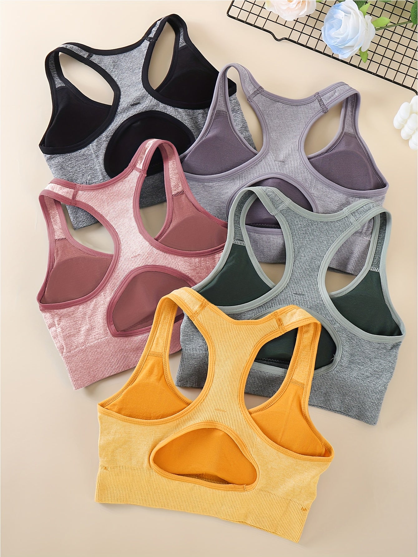 5pcs Women's Medium Support Sports Bras with Removable Pads, Breathable Mesh Back & Moisture-Wicking - Yoga & Gym Bras for High-Impact Workouts, Tummy Control, 5 Colors (Black/Dark Grey/Charcoal/Blush/Peach), Yoga Apparel | S