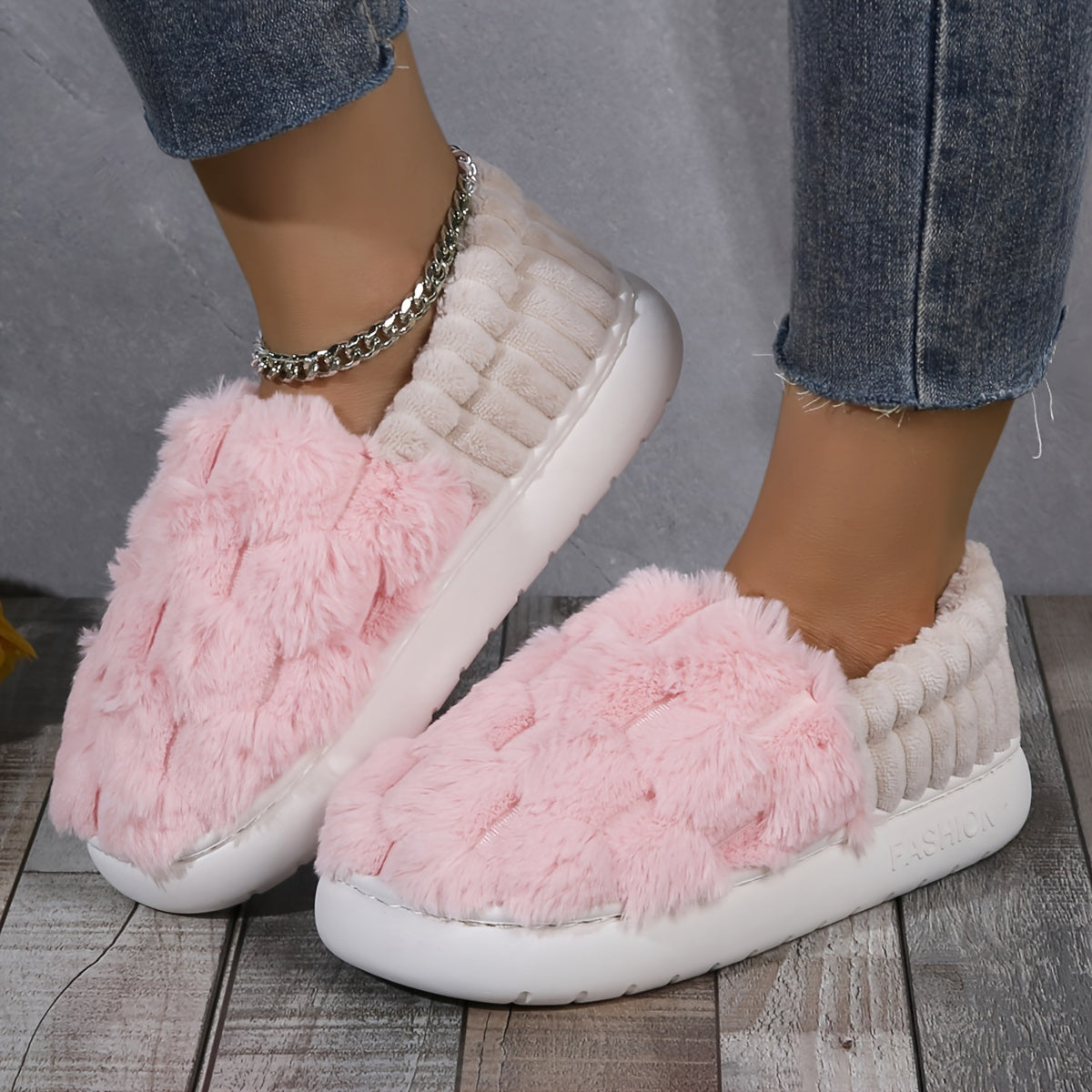 Cozy Faux Fur Slippers - Soft Fabric Lined, Rubber Sole, Comfortable Indoor Shoes for Home, Casual Slip-On Design with Plush Interior
