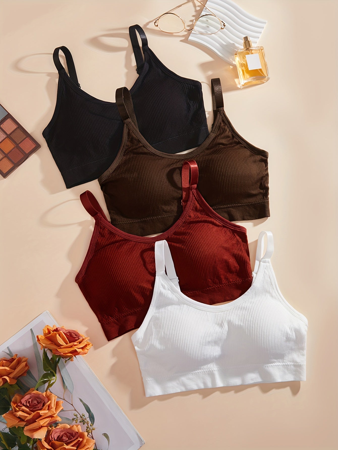 4pcs Solid Ribbed Comfy Sports Bras, Breathable Running Workout Bra for Women