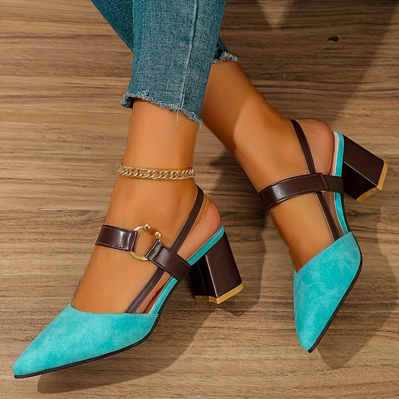 Women's Pointed Toe Block High Heel Sandals, Fashion Solid Color Slingback Shoes, Versatile Mid Heels
