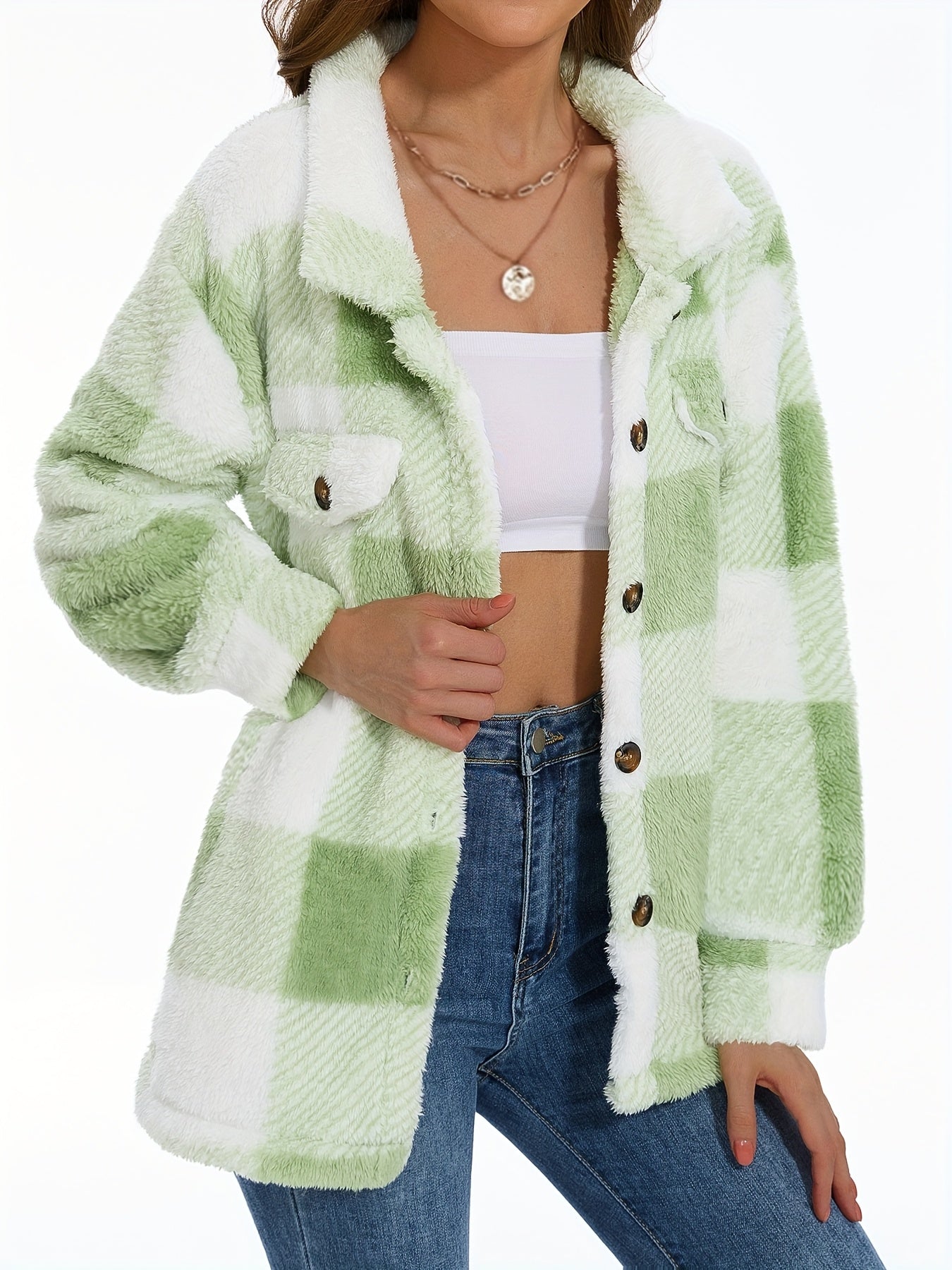 Plaid Pattern Button Front Teddy Coat, Versatile Long Sleeve Winter Thermal Outwear, Women'S Clothing