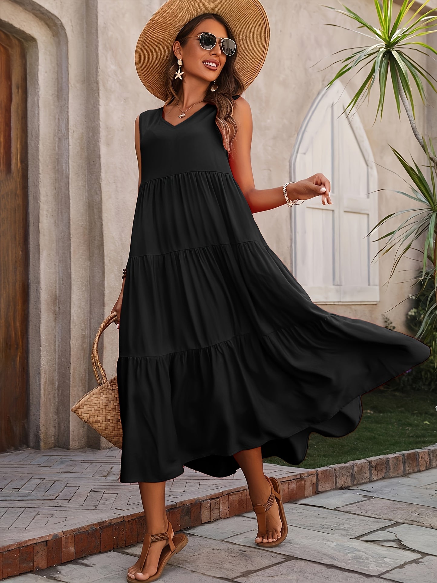 Loose V Neck Ruffle Hem Dress, Casual Sleeveless Dress For Spring & Summer, Women's Clothing