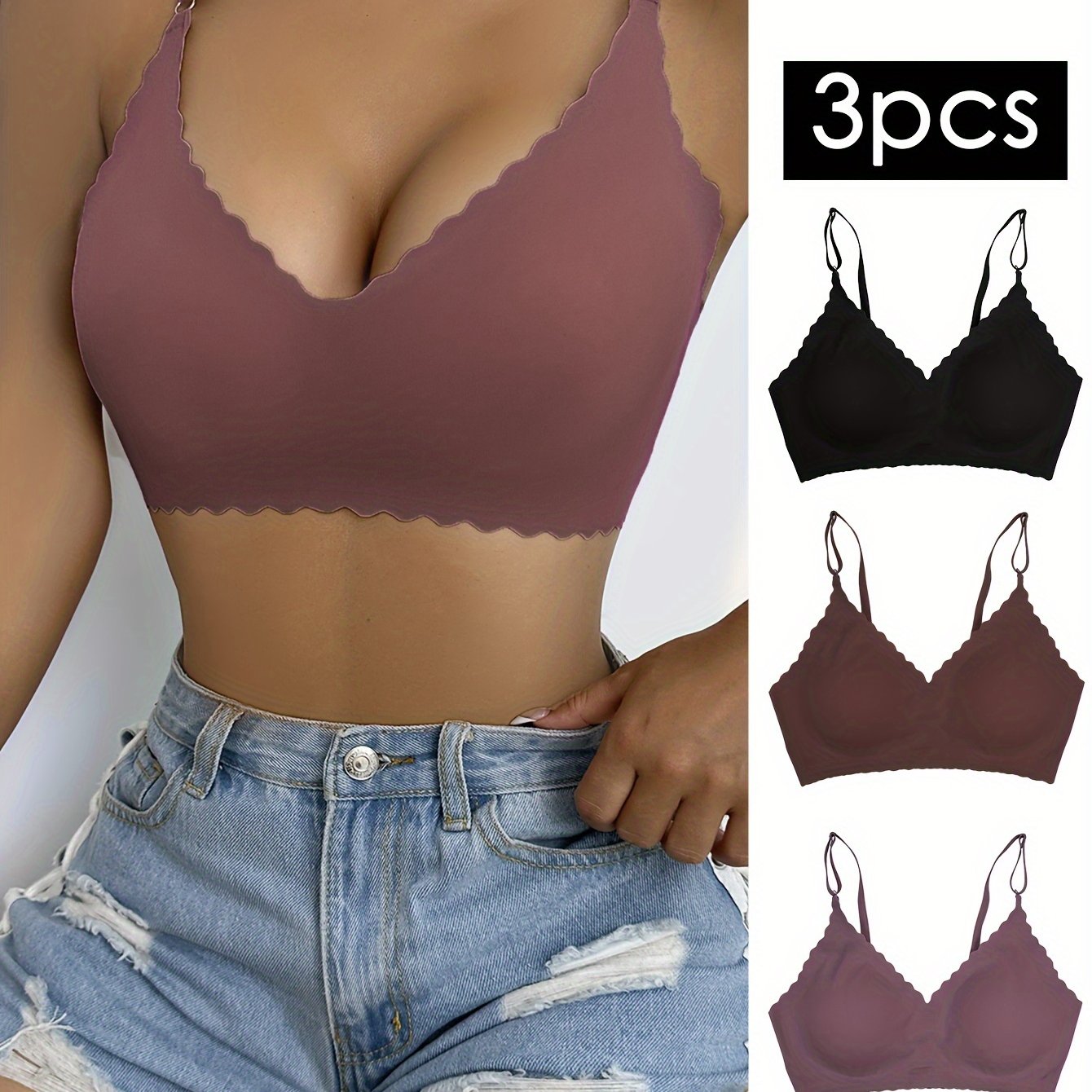3pcs Wavy Trim Seamless Bralettes, Comfortable & Breathable Wireless Intimates Bras, Women's Lingerie & Underwear