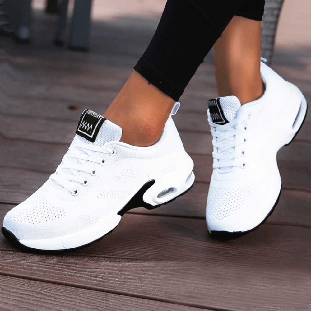 Women's White Breathable Sneakers - Low-Top Casual Sports Shoes with Air Cushion Sole, Shock-Absorbing Platform for Running