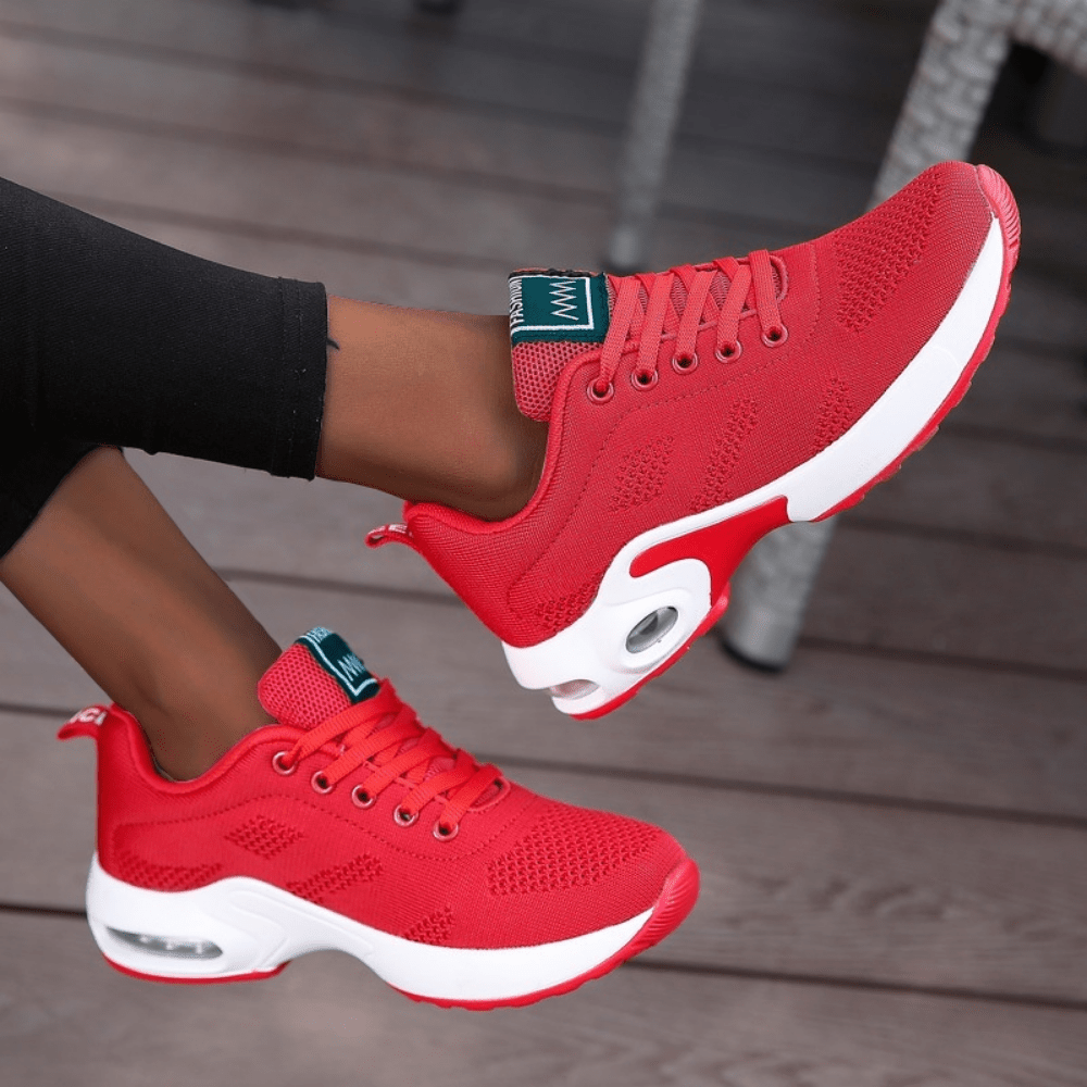 Women's White Breathable Sneakers - Low-Top Casual Sports Shoes with Air Cushion Sole, Shock-Absorbing Platform for Running