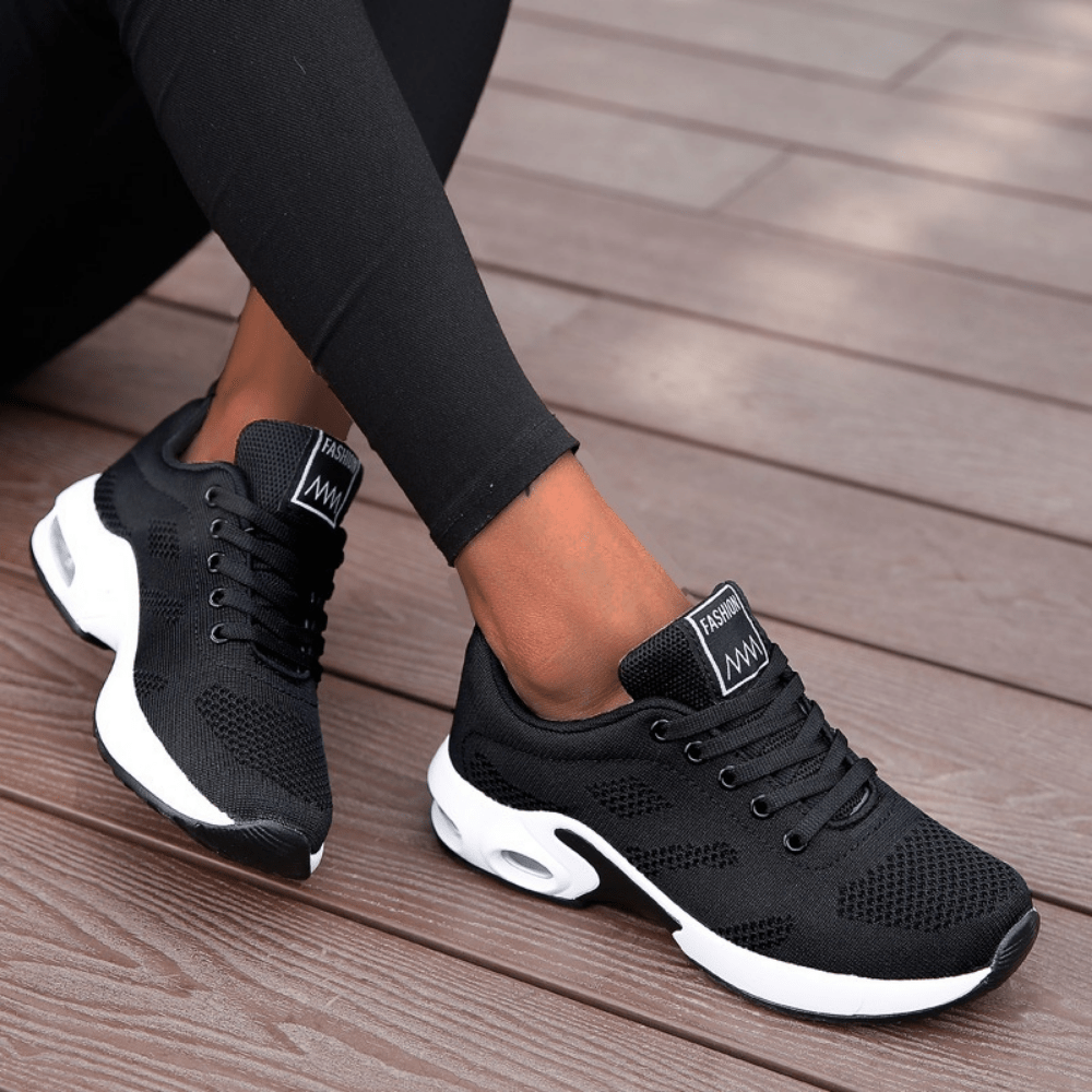 Women's White Breathable Sneakers - Low-Top Casual Sports Shoes with Air Cushion Sole, Shock-Absorbing Platform for Running
