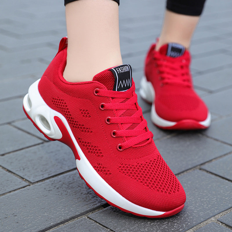 Women's White Breathable Sneakers - Low-Top Casual Sports Shoes with Air Cushion Sole, Shock-Absorbing Platform for Running