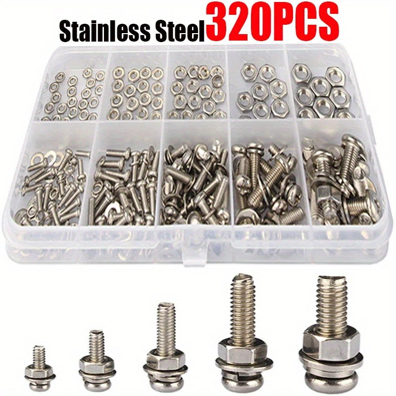 320pcs Premium Stainless Steel SS304 Screw and Nut Assortment Kit - Corrosion-Resistant, Snap-in Nuts, M2 to M5 Sizes - Ideal for DIY, Repair, and Industrial Applications