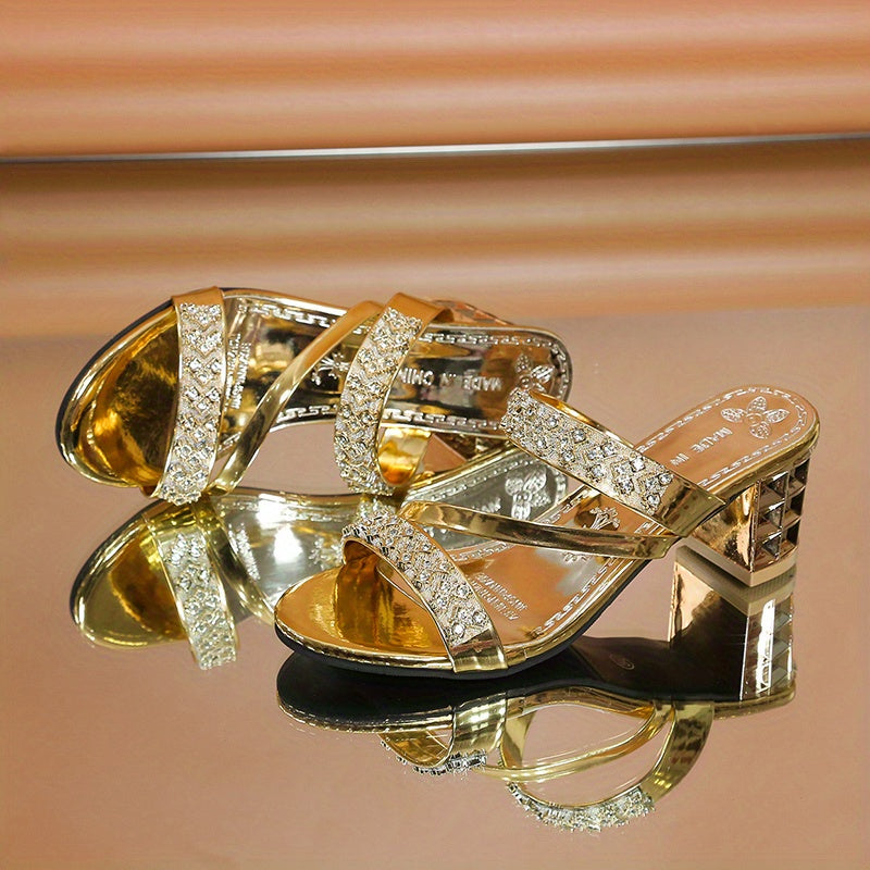 Women's Rhinestone-Embellished Golden Open-Toe Sandals - Stylish Faux Cover Mid-Block Heels with Studded Sole for Summer Comfort and Glamour
