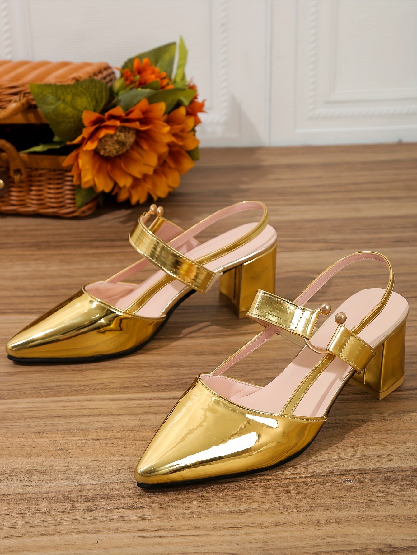 Women's Pointed Toe Block High Heel Sandals, Fashion Solid Color Slingback Shoes, Versatile Mid Heels