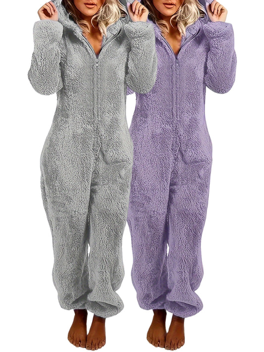 Fuzzy Hooded Pajama Jumpsuit For Music Festival, Comfy & Cute Long Sleeve Zipper Pajamas, Women's Lingerie & Sleepwear