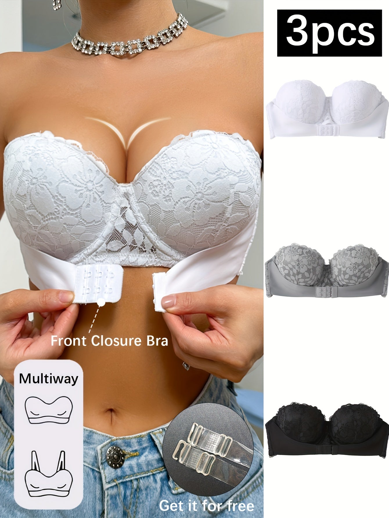 [3pcs Push-Up Lace Strapless Bras] 3pcs Elegant Lace Strapless Bras for Women - Invisible Front Closure, Push-Up Balconette Style with Non-Removable Pads, Breathable & Comfort Fit, Available in White, Gray, Black