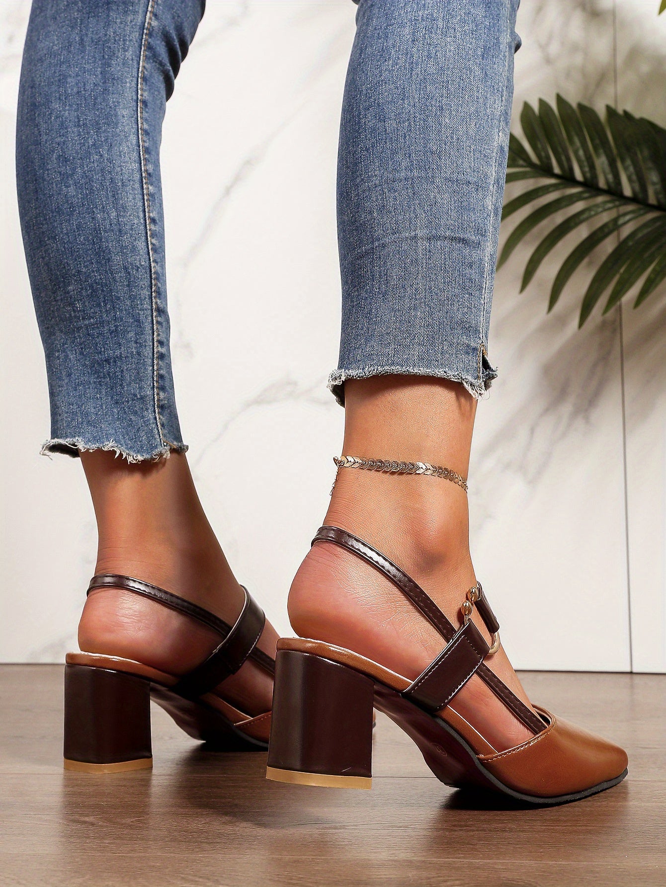 Women's Pointed Toe Block High Heel Sandals, Fashion Solid Color Slingback Shoes, Versatile Mid Heels