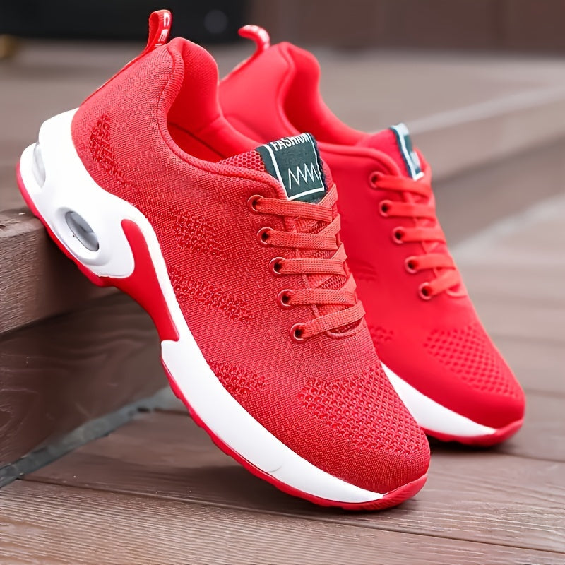 Women's White Breathable Sneakers - Low-Top Casual Sports Shoes with Air Cushion Sole, Shock-Absorbing Platform for Running