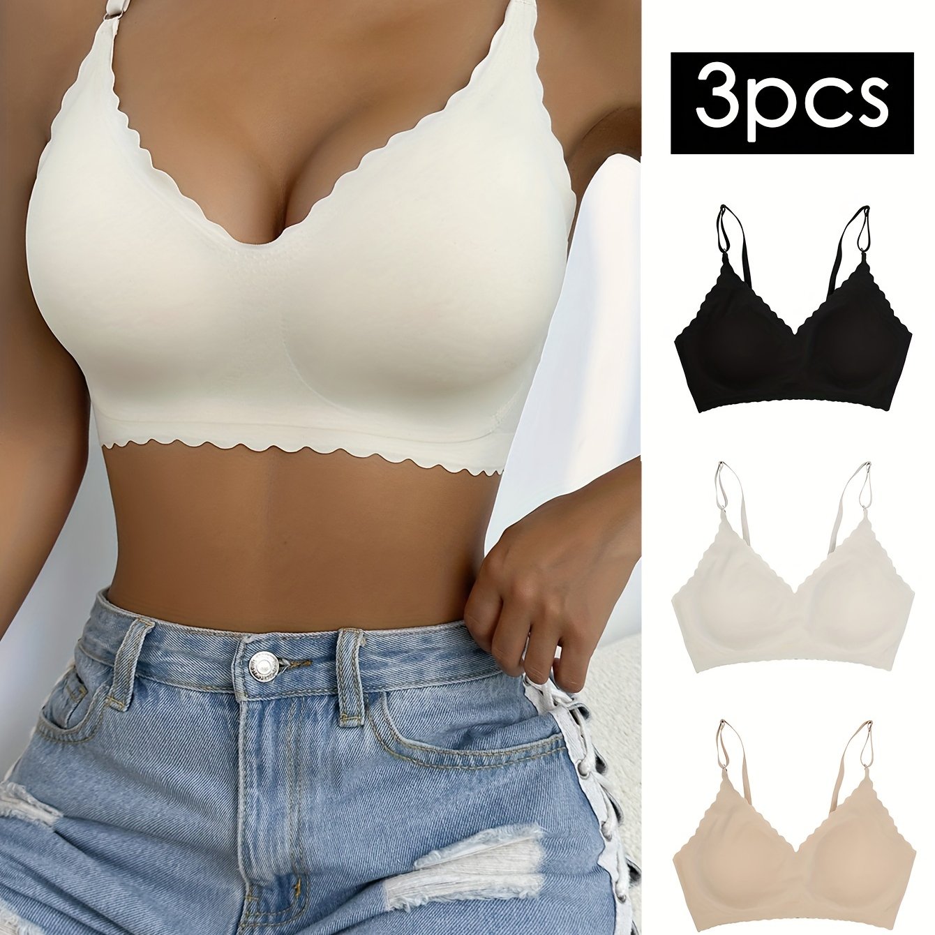 3pcs Wavy Trim Seamless Bralettes, Comfortable & Breathable Wireless Intimates Bras, Women's Lingerie & Underwear