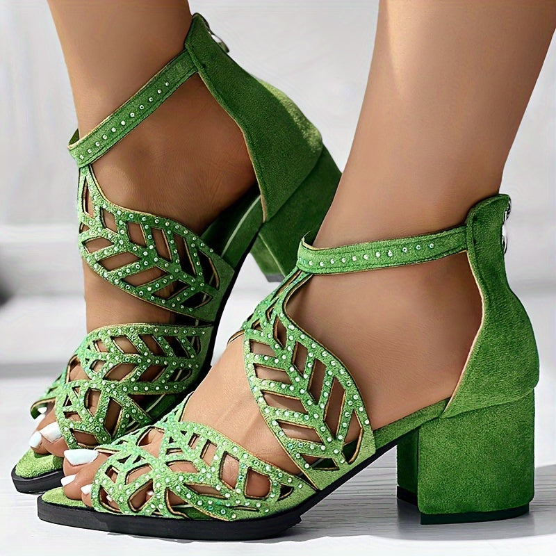 Womens Boho Chic Sandals - Stylish Hollow Out Block Heels with Peep Toe & Back Zipper - Low Heel, Breathable & Easy-On Design for Fashionable Evening or Casual Wear
