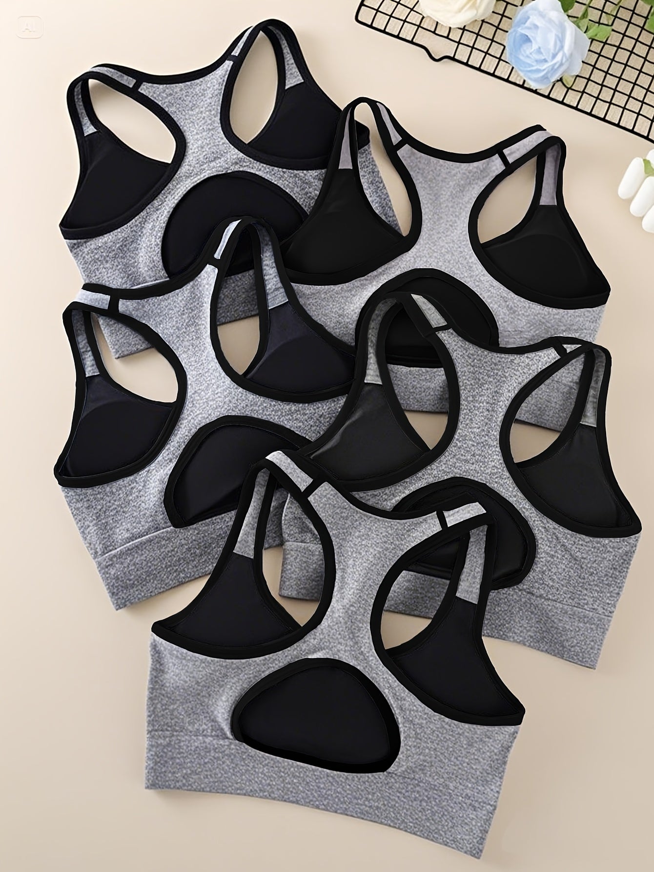 5pcs Women's Medium Support Sports Bras with Removable Pads, Breathable Mesh Back & Moisture-Wicking - Yoga & Gym Bras for High-Impact Workouts, Tummy Control, 5 Colors (Black/Dark Grey/Charcoal/Blush/Peach), Yoga Apparel | S