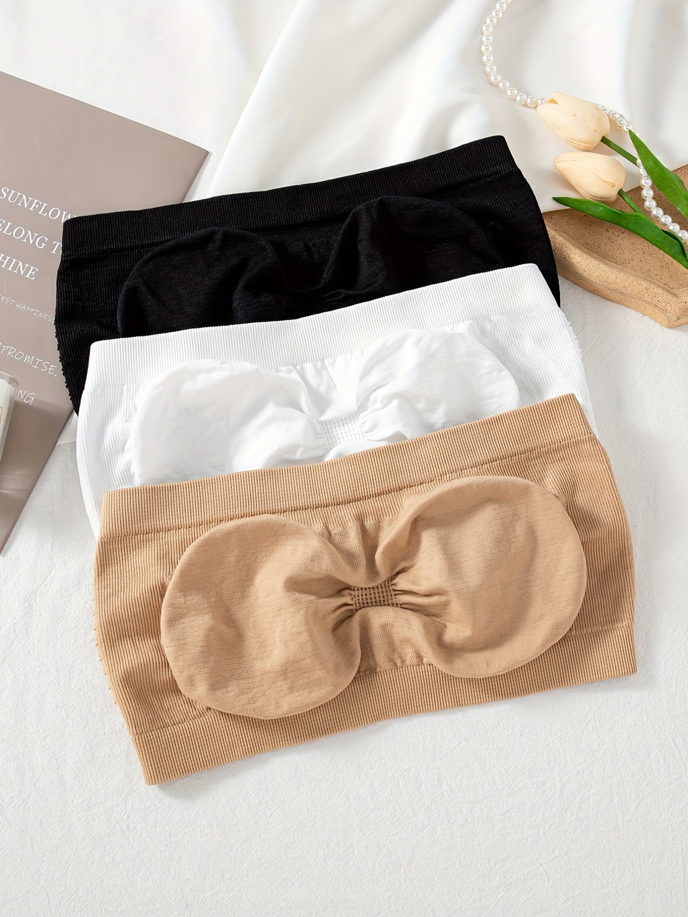 3pcs Strapless Bandeau Bras, Comfy & Soft Stretch Everyday Bra, Women's Lingerie & Underwear