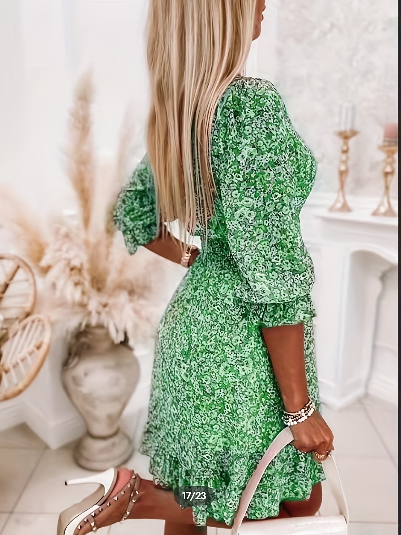 Floral Print Shirred Waist Dress, Casual V Neck Dress For Spring & Summer, Women's Clothing