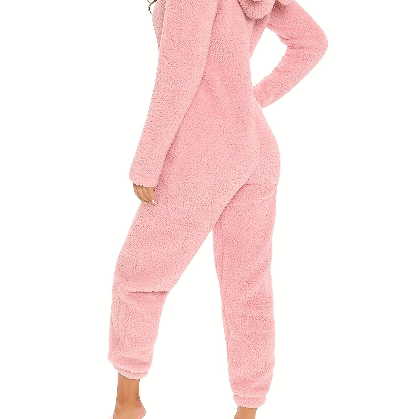 Fuzzy Hooded Pajama Jumpsuit For Music Festival, Comfy & Cute Long Sleeve Zipper Pajamas, Women's Lingerie & Sleepwear