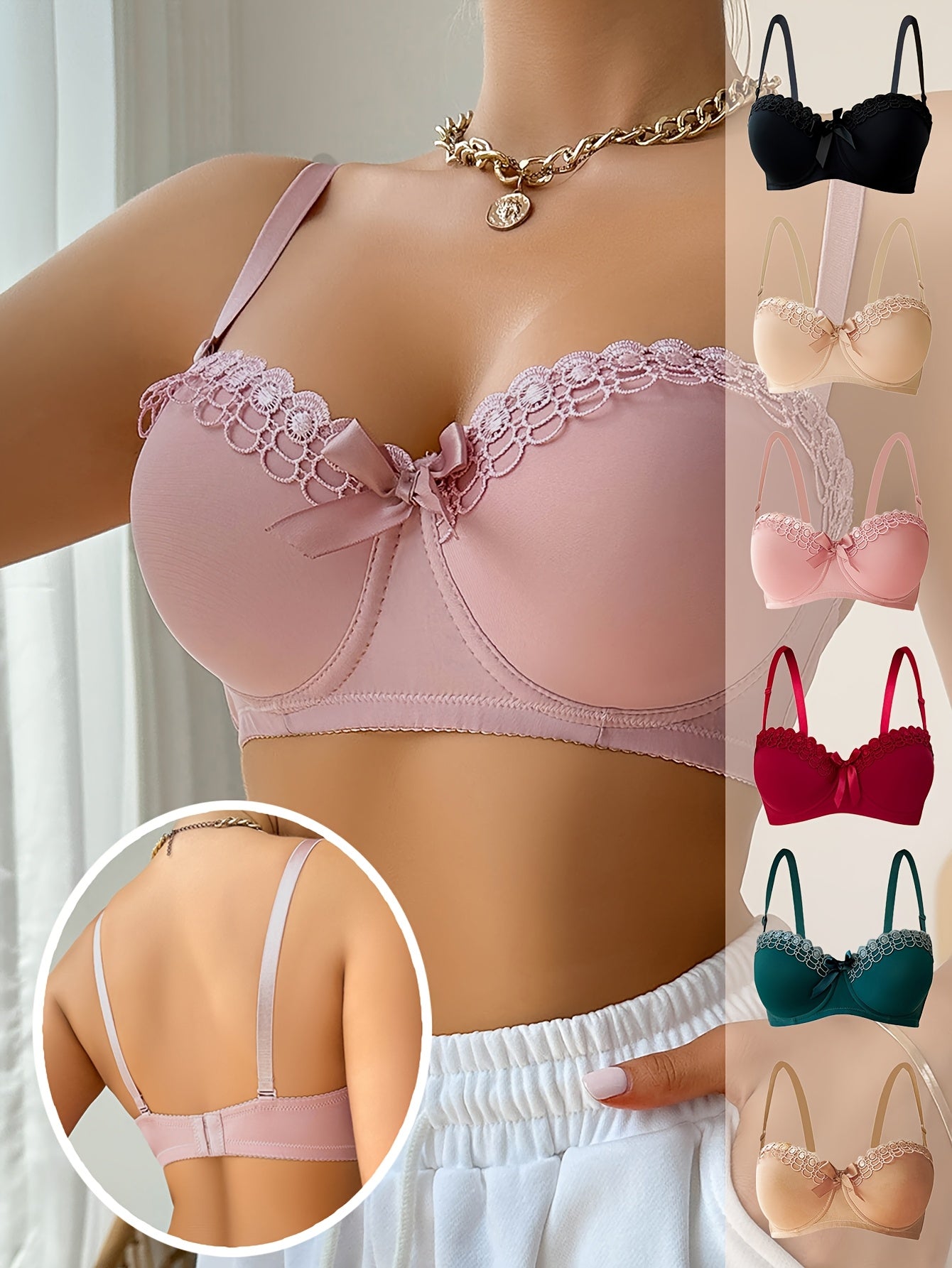 6pcs High Support Elegant Bras - Chic Push-up Balconette with Comfortable Fit, Non-removable Pads, Breathable Fabrics, Sexy Floral Lace Contrast Underwire