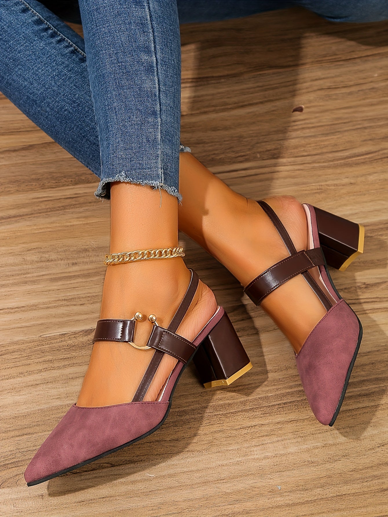 Women's Pointed Toe Block High Heel Sandals, Fashion Solid Color Slingback Shoes, Versatile Mid Heels